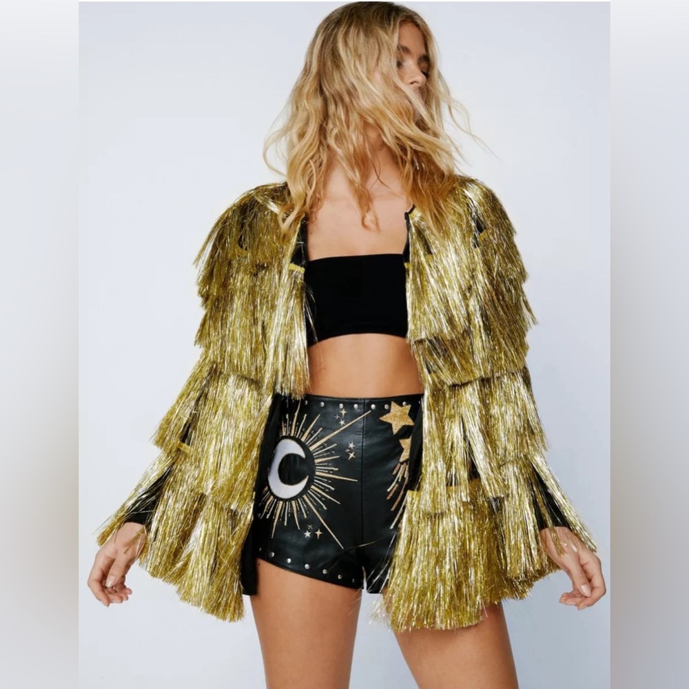 Metallic Open Front Tiered Tinsel Fringe Jacket
